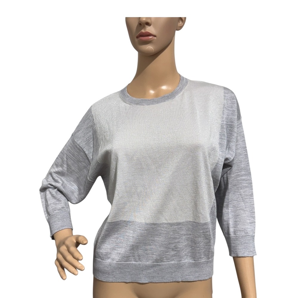 Peserico Grey Merino Wool Silk Cashmere Metallic Colorblock Sweater Italy Sz 38